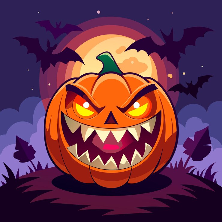 una ilustración de dibujos animados de una calabaza con una cara asustadiza y una cara aterradora en ella