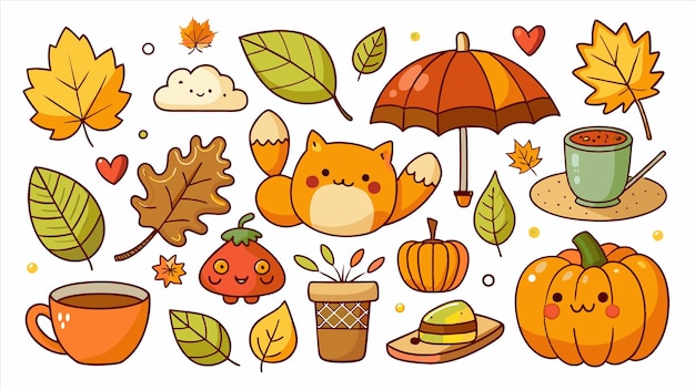 una ilustración de dibujos animados de una calabaza y un gato con un paraguas