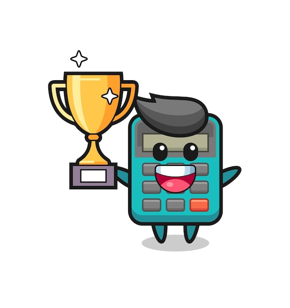 Ilustración de dibujos animados de la calculadora es feliz sosteniendo el trofeo de oro
