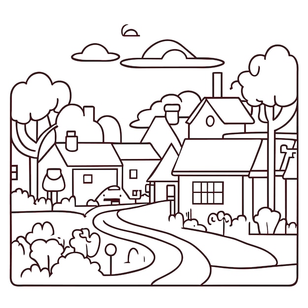 Ilustración de dibujos animados de la calle de la ciudad o distrito de los suburbios con casas carretera en verano