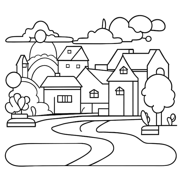 Ilustración de dibujos animados de la calle de la ciudad o distrito de los suburbios con casas carretera en verano