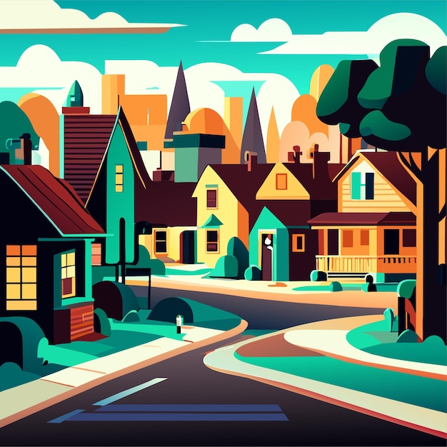 Vector ilustración de dibujos animados de la calle de la ciudad o distrito de los suburbios con casas carretera en verano