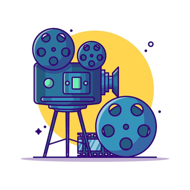 Ilustración de dibujos animados de cámara y rollo de película. Concepto de icono de cine blanco aislado. Estilo de dibujos animados plana