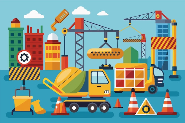 una ilustración de dibujos animados de un camión con una grúa de construcción en el fondo