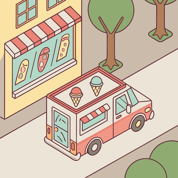 una ilustración de dibujos animados de un camión de helado con un cono de helado en la parte superior