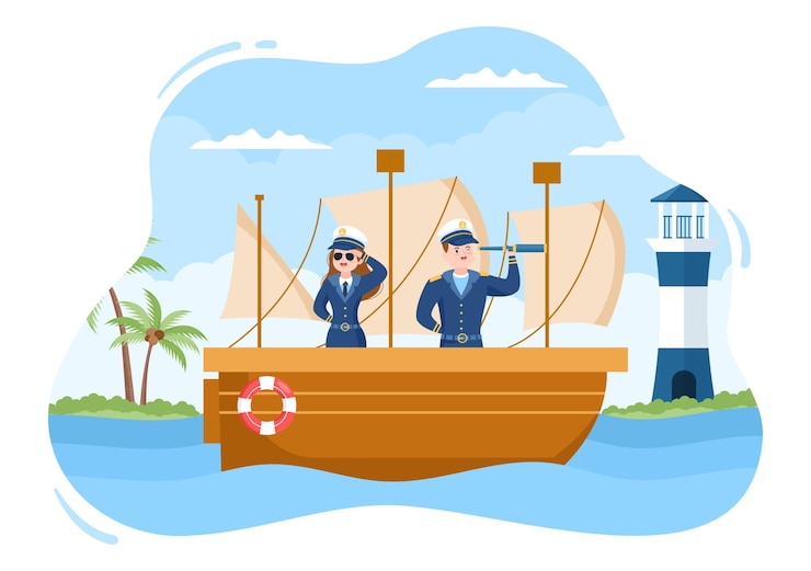 Vector ilustración de dibujos animados de capitán de crucero en uniforme de marinero en el puerto