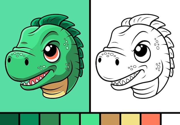 Ilustración de dibujos animados de cara de dinosaurio lindo en animales salvajes de estilo de página para colorear