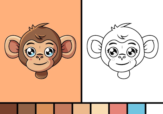 Ilustración de dibujos animados de cara de mono lindo en animales de safari de estilo de página para colorear