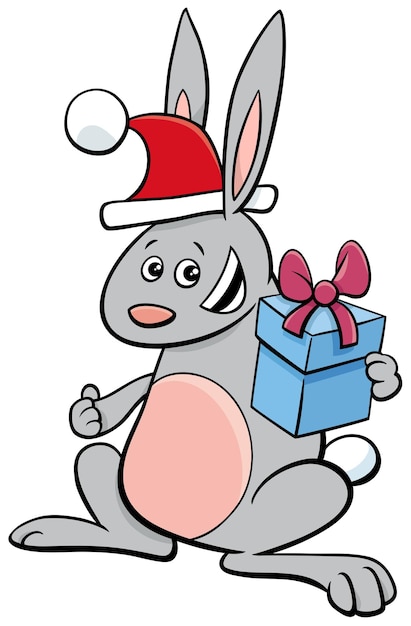 Ilustración de dibujos animados de carácter animal conejo con presente en Navidad