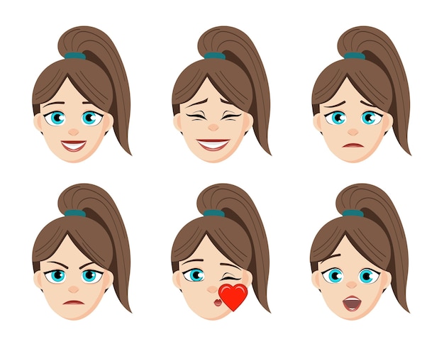 Ilustración de dibujos animados de caras de emoción de niña. Mujer emoji cara símbolos lindos.