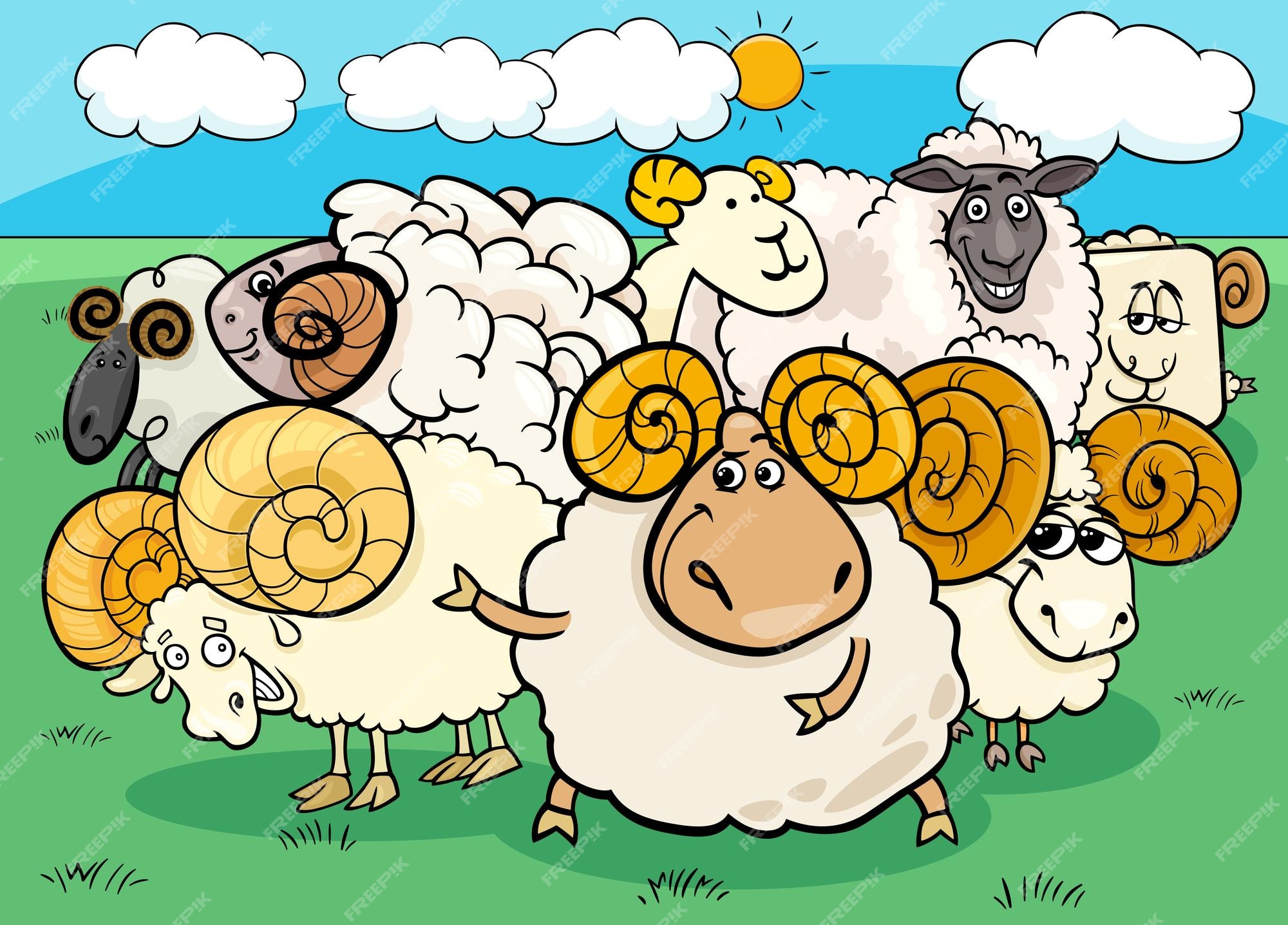 Ilustración de dibujos animados de carneros o personajes de animales de  granja de ovejas | Vector Premium