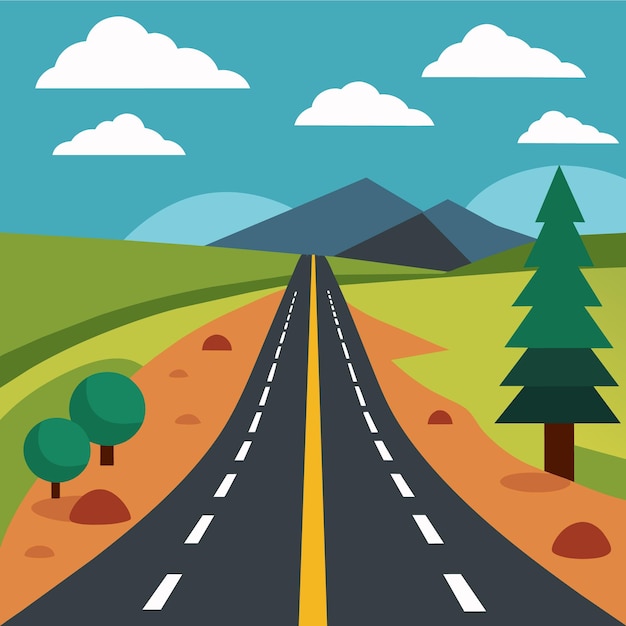 una ilustración de dibujos animados de una carretera con una imagen de una carretera y árboles
