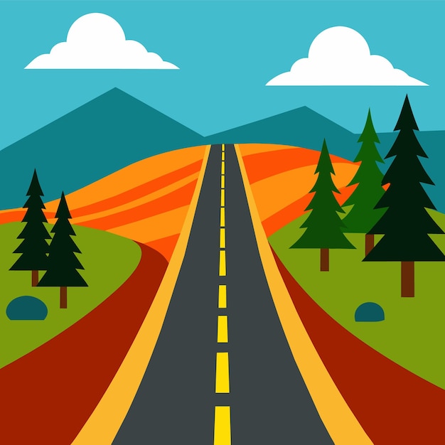 Vector una ilustración de dibujos animados de una carretera con una imagen de una carretera y árboles