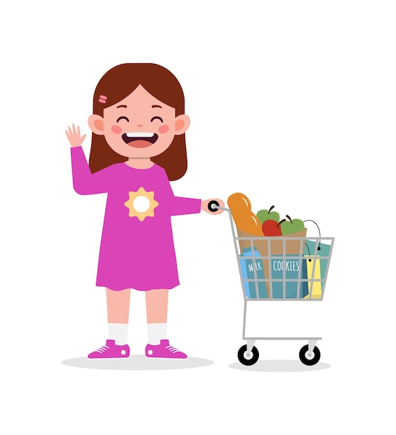 Ilustración de dibujos animados de carrito de compras de empuje de niña de niño pequeño feliz lindo