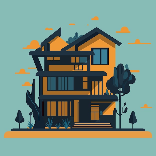 Una ilustración de dibujos animados de una casa con un árbol en el frente.