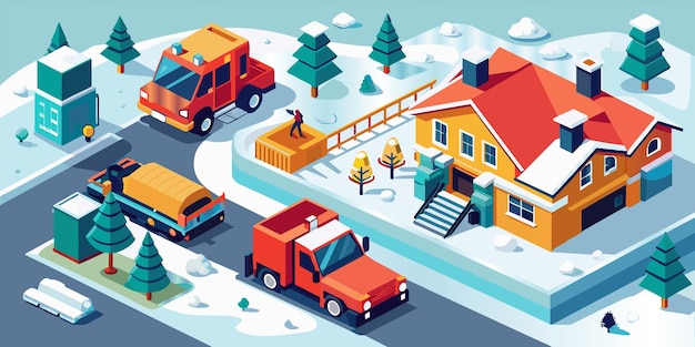una ilustración de dibujos animados de una casa con un camión rojo y una casa con una casa en el fondo