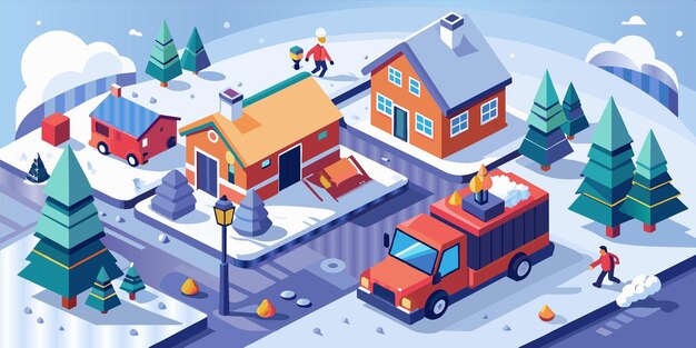 una ilustración de dibujos animados de una casa con un hidrante de fuego y un coche en la nieve