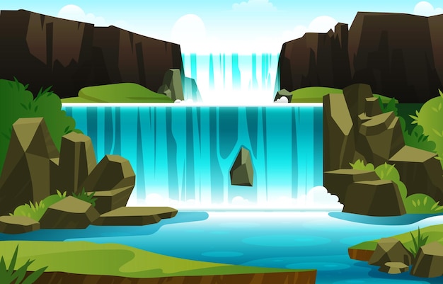una ilustración de dibujos animados de una cascada con una cascada al fondo