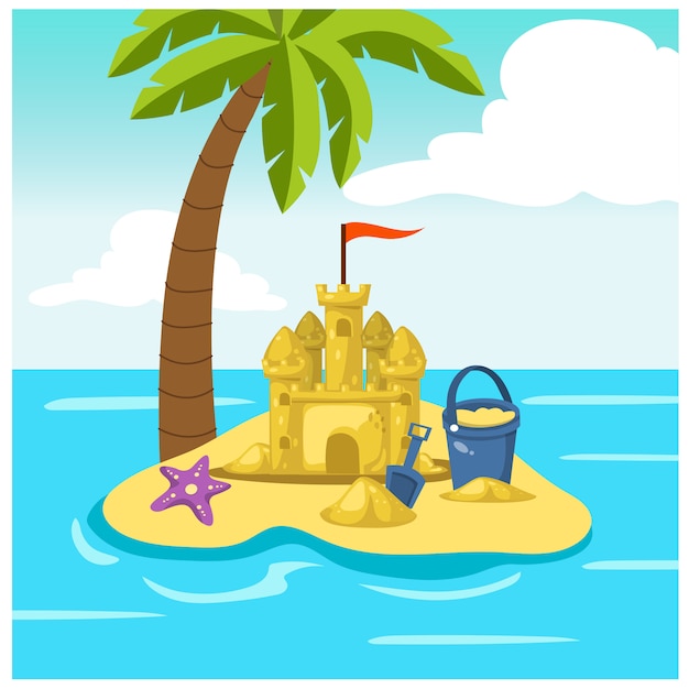 Ilustración de dibujos animados de castillo de arena, juguetes de arena para niños, mar, playa, isla, árbol plam, estrella de mar. ilustración