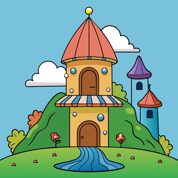 Vector una ilustración de dibujos animados de un castillo con un cielo azul y un pequeño castillo en el fondo