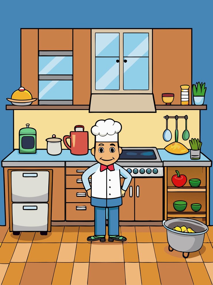 una ilustración de dibujos animados de un chef en una cocina con un horno de estufa