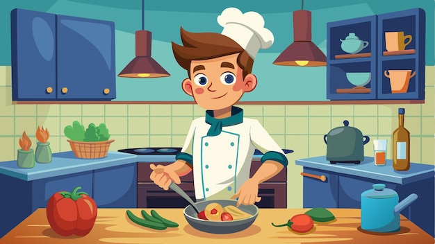 una ilustración de dibujos animados de un chef cocinando en una cocina