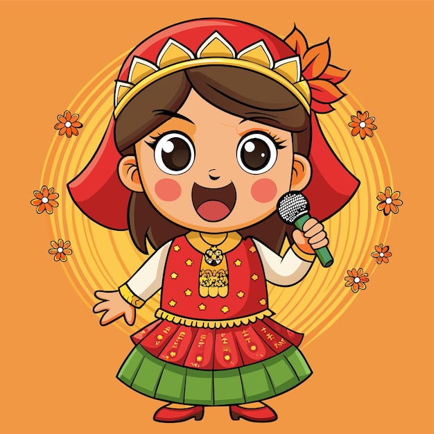 Vector una ilustración de dibujos animados de una chica cantando con un micrófono