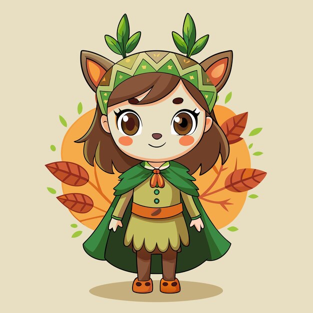 Ilustración de dibujos animados de la chica disfrazada de criatura del bosque
