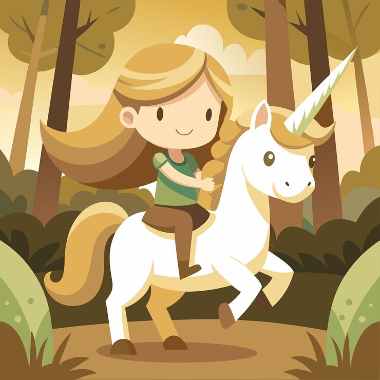 Vector una ilustración de dibujos animados de una chica montando un unicornio con el unicornio