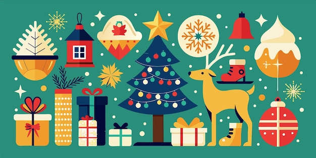 una ilustración de dibujos animados de un ciervo y un árbol de Navidad con un cierno y regalos