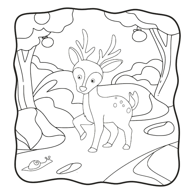 Ilustración de dibujos animados de ciervos caminando en el libro del bosque o página para niños en blanco y negro