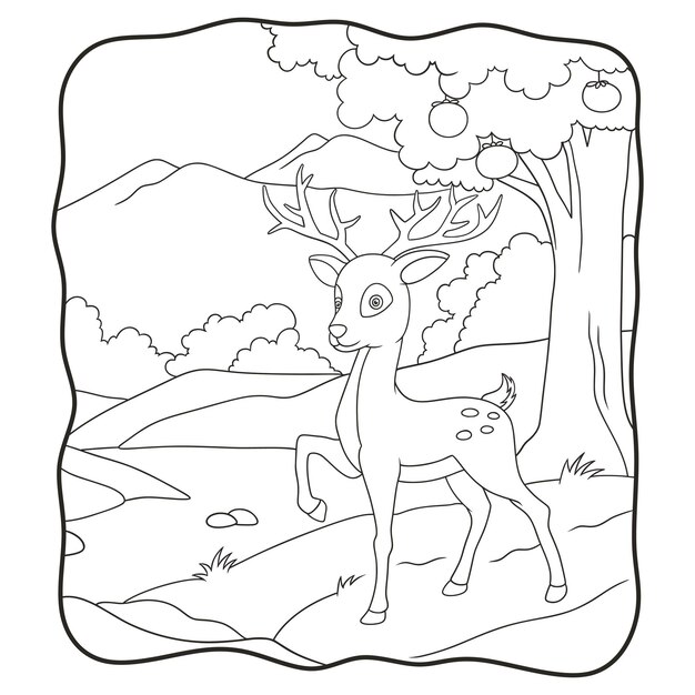 Ilustración de dibujos animados de ciervos caminando en el libro del bosque o página para niños en blanco y negro