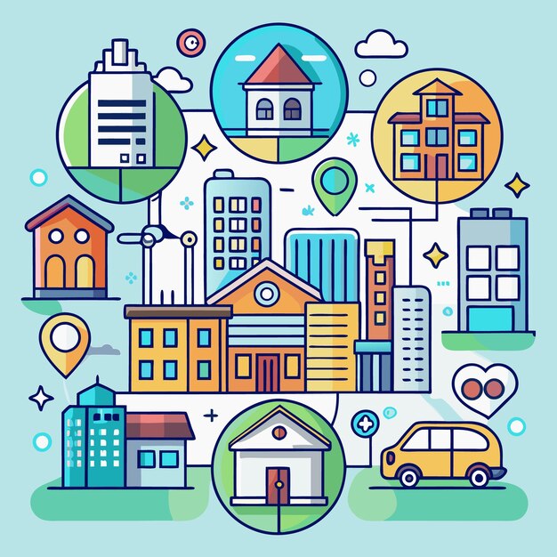 Ilustración de dibujos animados de una ciudad con diferentes casas, edificios y un automóvil