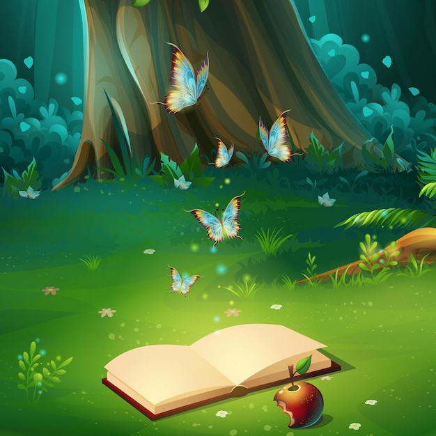 Ilustración de dibujos animados del claro del bosque de fondo con el libro. Madera brillante con liebres, mariposas, libro, manzana.