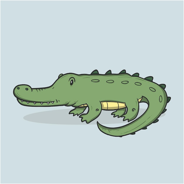 Vector ilustración de dibujos animados de un cocodrilo verde sonriente sobre un fondo azul claro