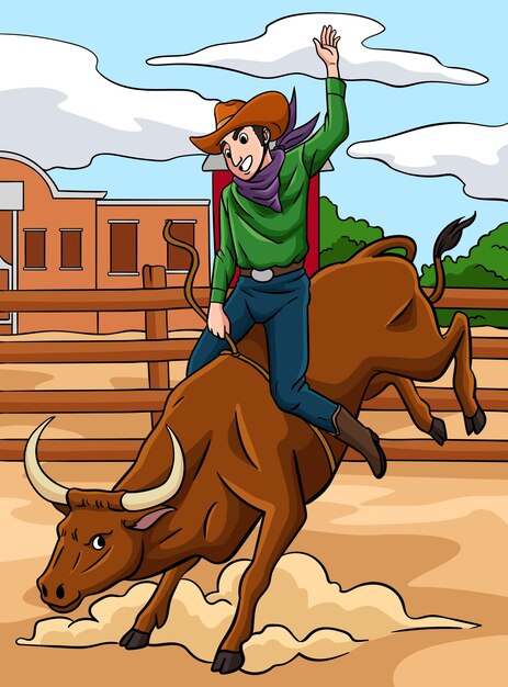 Vector ilustración de dibujos animados en color de cowboy bull rider