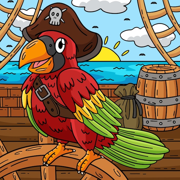 Vector ilustración de dibujos animados en color del loro pirata