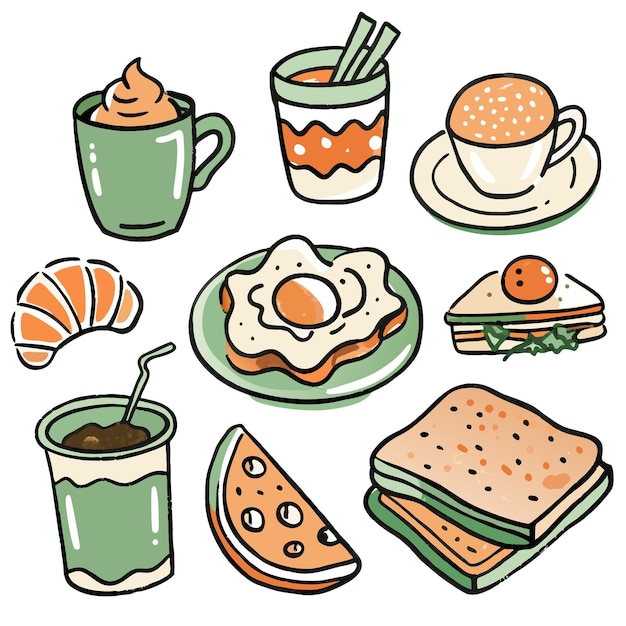Ilustración de dibujos animados coloridos de los alimentos para el desayuno