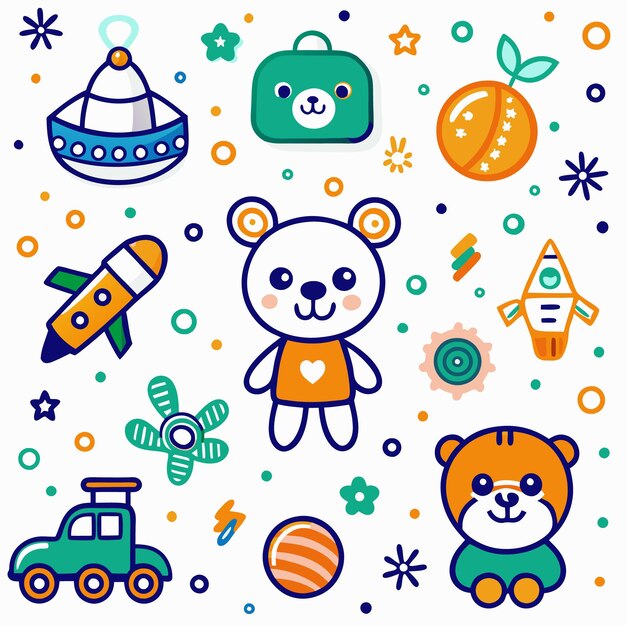 Ilustración de dibujos animados coloridos con un lindo oso de peluche un coche de juguete y otros juguetes para niños