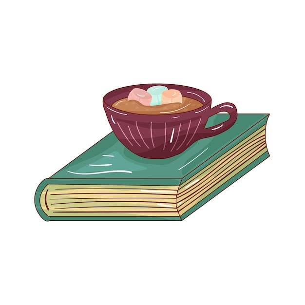 Ilustración de dibujos animados coloridos de una taza de café con malvaviscos de pie en la parte superior de un libro