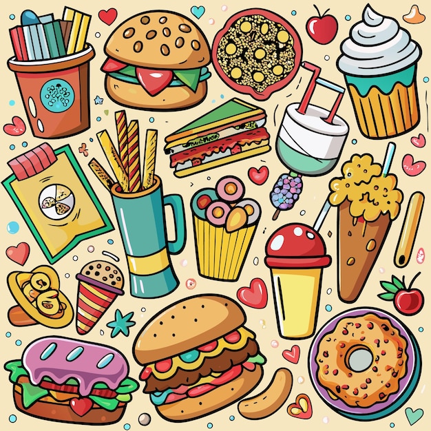 Ilustración de dibujos animados coloridos de varias comidas rápidas y dulces