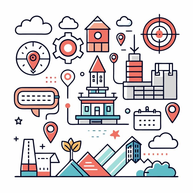 Ilustración de dibujos animados coloridos de varios iconos del paisaje urbano, como edificios, montañas, nubes, alfileres de ubicación y más.