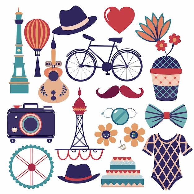 Ilustración de dibujos animados coloridos de varios objetos, incluida una cámara de corazón de sombrero de bicicleta y un pastel
