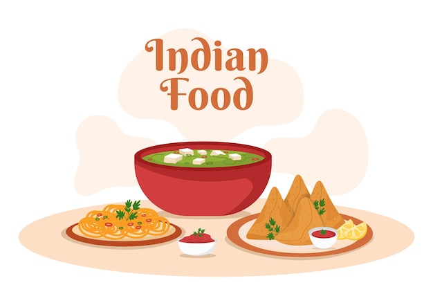 Vector ilustración de dibujos animados de comida india con varias colecciones en diseño de estilo plano