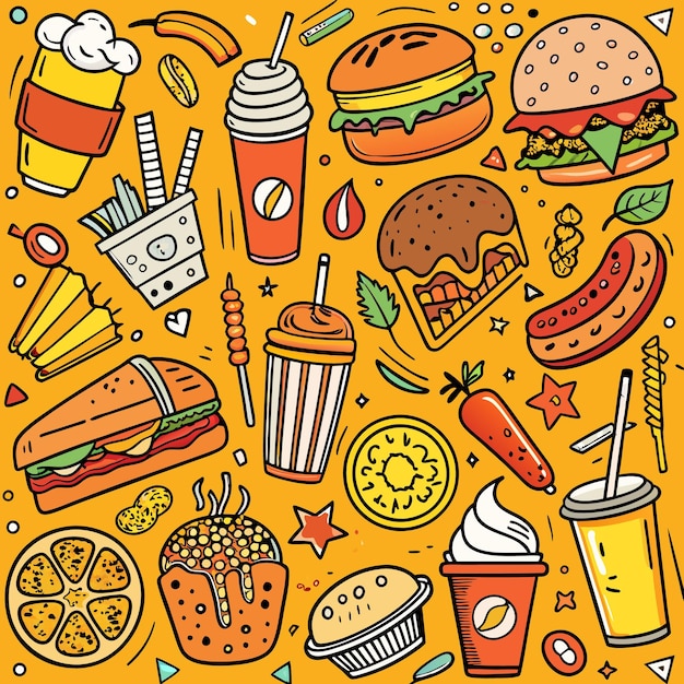 Ilustración de dibujos animados de comida rápida y bebidas en fondo amarillo