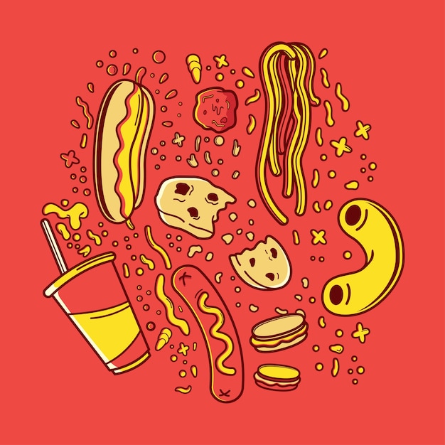 Vector ilustración de dibujos animados de comida rápida y merienda