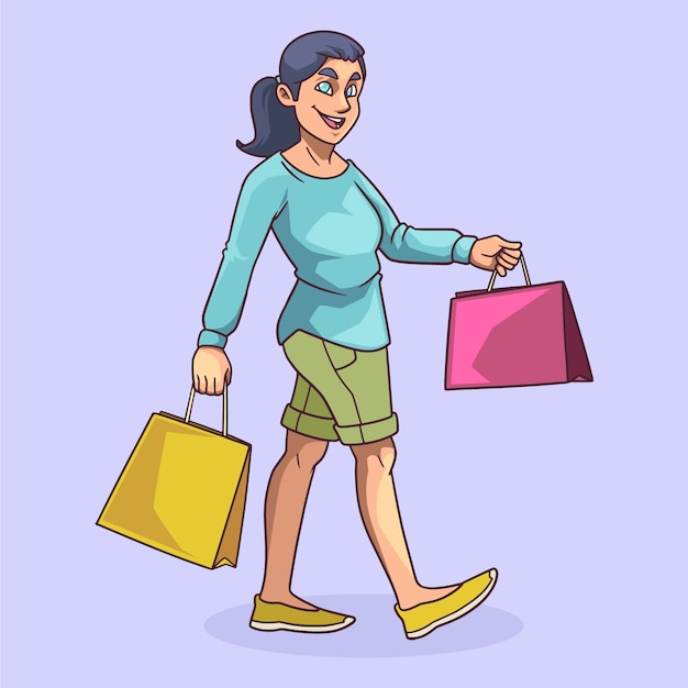 Vector ilustración de dibujos animados de compras dibujada a mano