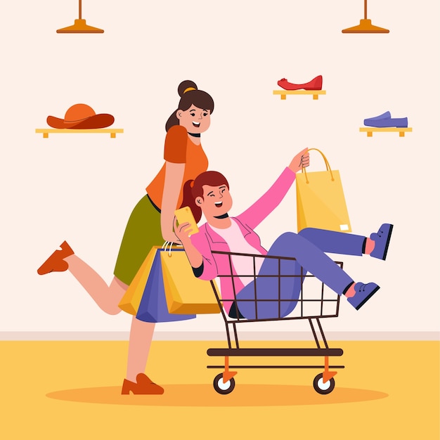 Vector ilustración de dibujos animados de compras dibujada a mano