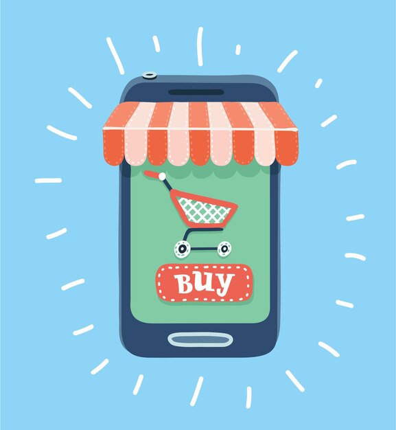 Ilustración de dibujos animados del concepto de tienda en línea en el teléfono inteligente con carrito de compras con toldo rayado y botón de compra.