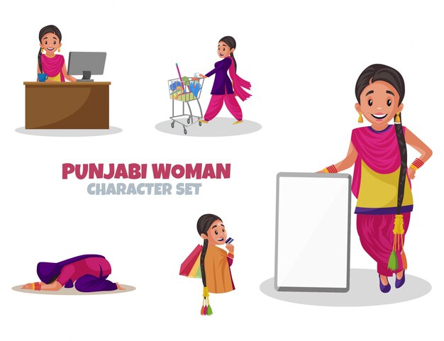 Ilustración de dibujos animados de conjunto de caracteres de mujer punjabi